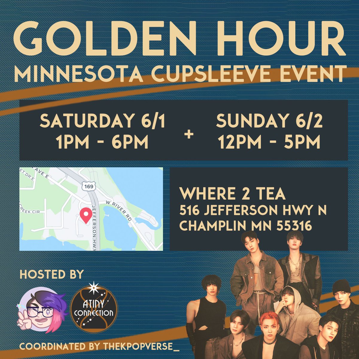 MN ATINY! 🏴‍☠️ We are so excited to be bringing you another official ATEEZ cupsleeve event! Join us at Where 2 Tea on 6/1 and 6/2 to celebrate ATEEZ’s Golden Hour comeback with a toploader deco station, photo op, vendors, giveaways, and more! #ATEEZ #ATEEZ_GOLDENHOUR #에이티즈