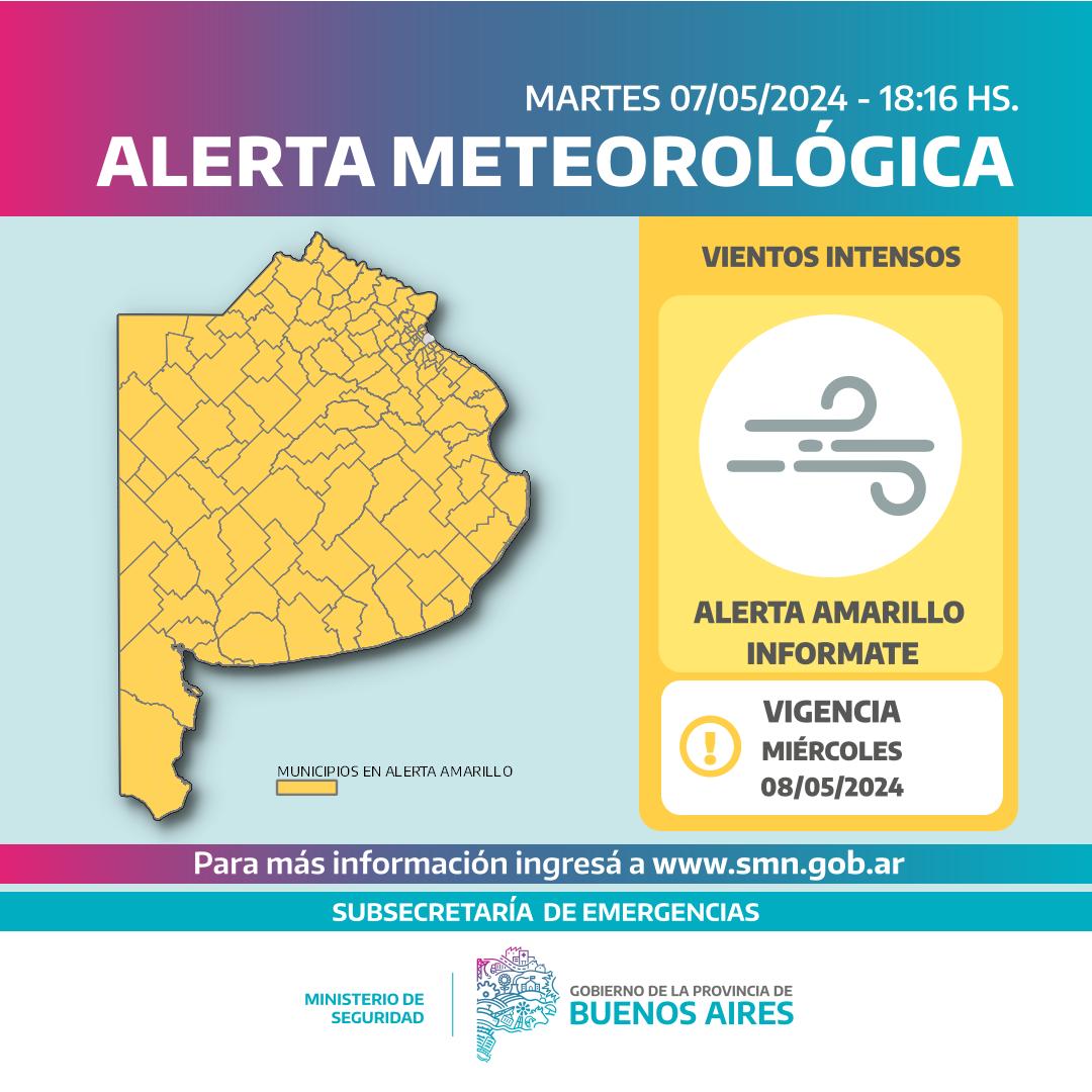 ⚠️ | Información importante 💨 El Servicio Meteorológico Nacional emitió un alerta por vientos intensos para este miércoles. Recordá seguir las recomendaciones de tu municipio y organismos oficiales.