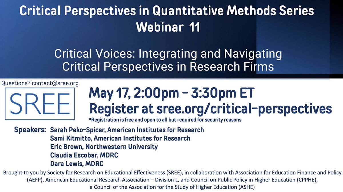Join us May 17th for our next Critical Perspectives in Quantitative Methods Webinar! Register now for Critical Voices: Integrating and Navigating Critical Perspectives in Research Firms sree.memberclicks.net/cpqm11 Sarah Peko-Spicer Sami Kitmitto Eric Brown Caludia Escobar Dara Lewis
