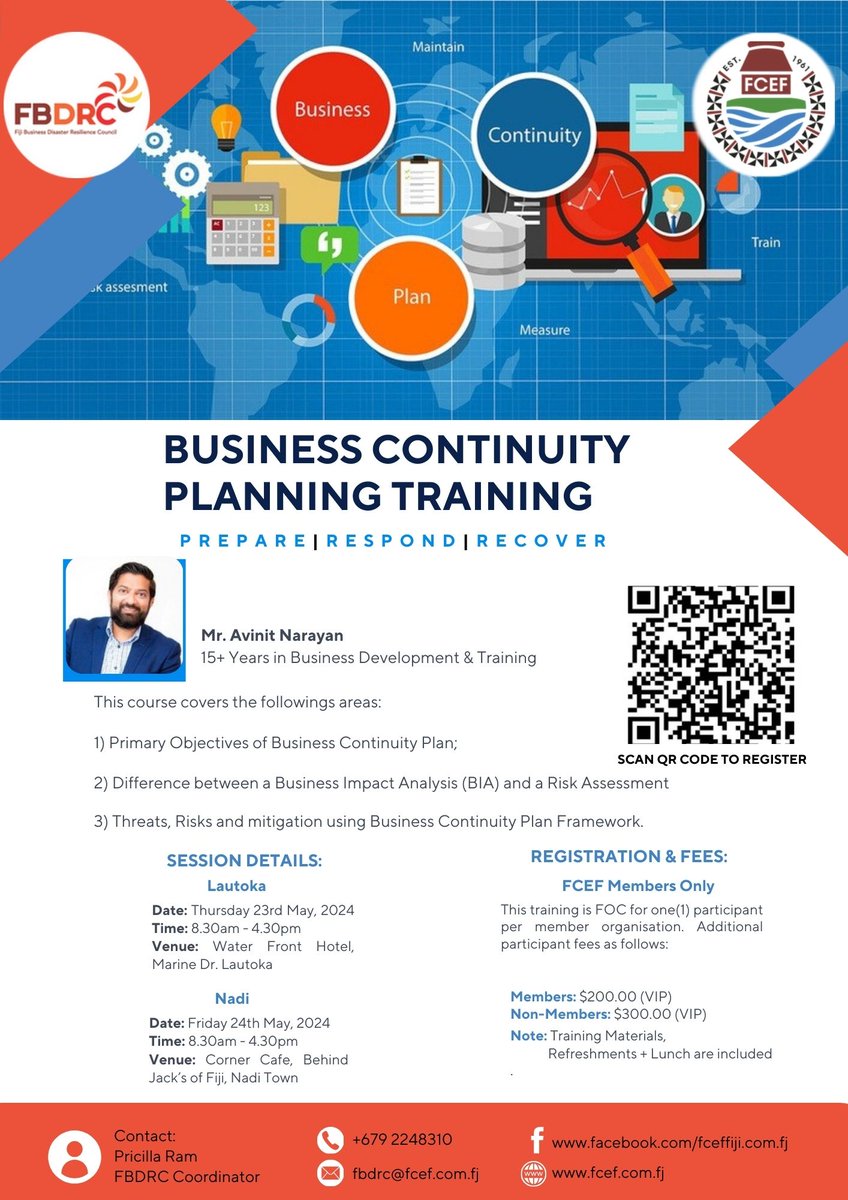 The Fiji Business Disaster Resilience Council brings to you a one (1) day training on Business Continuity Plan (BCP) in the Western Division. Don't wait any longer—register today to seize your chance to join this training.