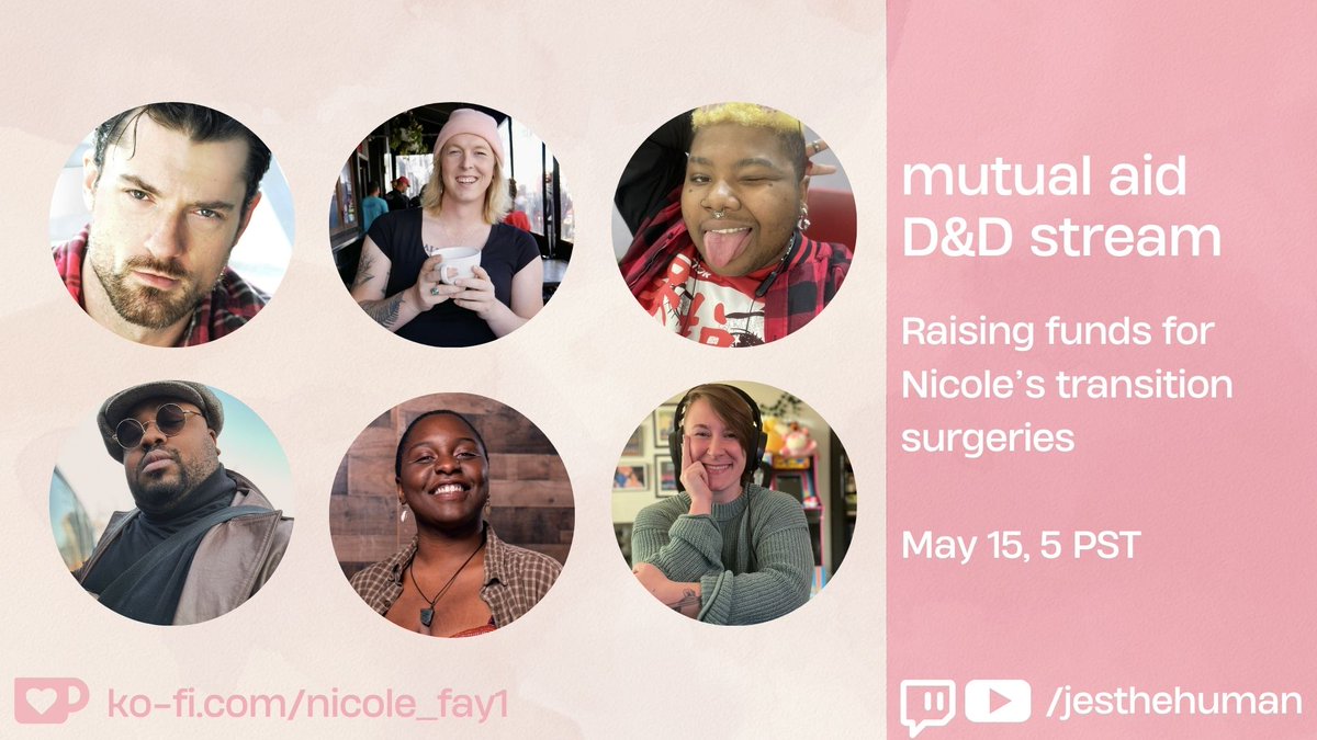 Join @jessejerdak as he takes @Nicole_Fay1 @Dare2Dreamrpg @TheNoirEnigma @zakthedrak + me on a D&D adventure for our Mutual Aid stream supporting Nicole's transition surgeries. May 15 🔴 5 PST You can donate now to help support: ko-fi.com/nicole_fay1