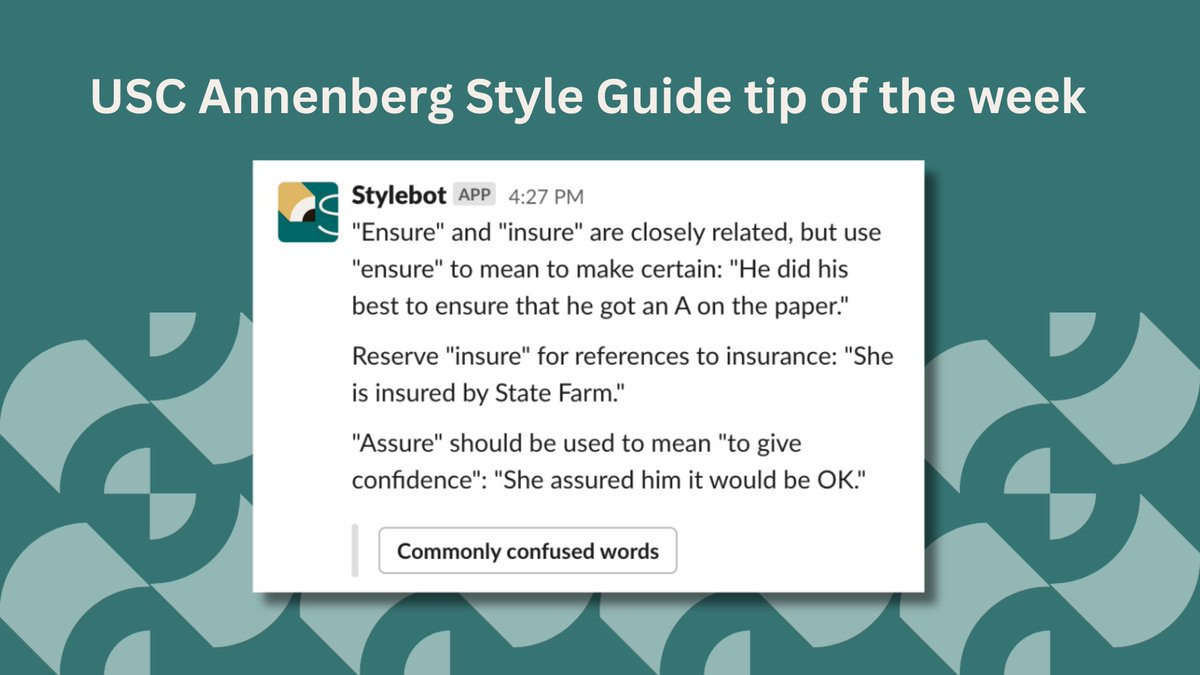 Rest assured, we know a thing or two about when to use “ensure” vs. “insure” in a sentence. This week’s #ASCJ Style Guide tip: use “ensure” to mean “to make certain” and reserve “insure” for references to insurance.