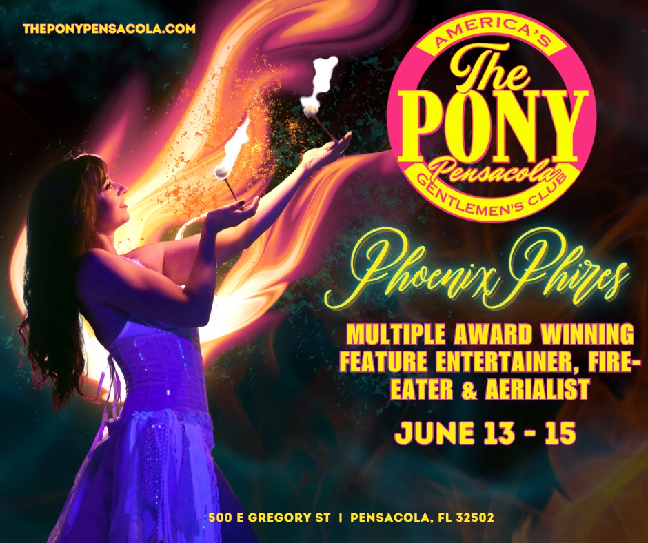 We’re so excited to have the multi-award winning feature entertainer Phoenix Phires performing LIVE at The Pony Pensacola June 13-15! 🔥  🤩 
.
.
.
#PhoenixPhires #aerialist #poledancer #petite #MALentertainment #ThePony #Pensacola