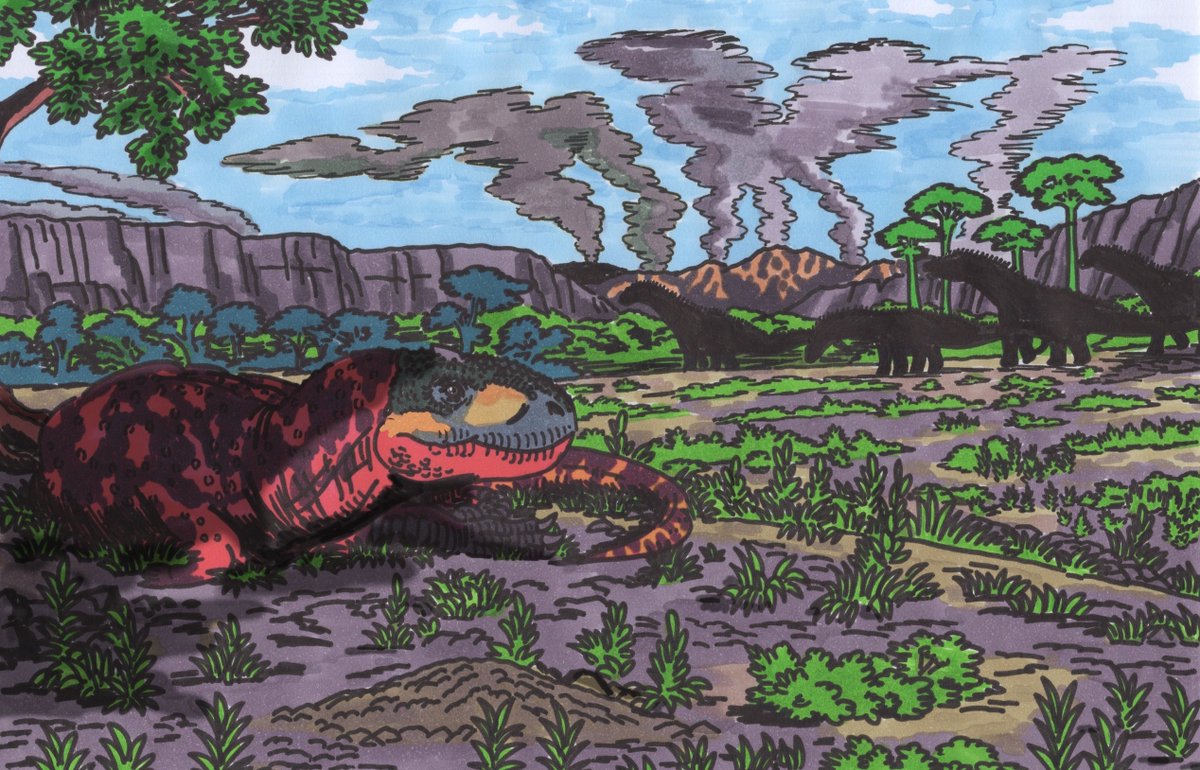 #MaystrichtianMadness 07: Rajasaurus

Amid the ongoing Deccan Traps eruptions in what's now Western India, a lone Rajasaurus shades itself while eying a herd of Isisaurus in an oasis of greenery. 

#PrehistoricPlanet