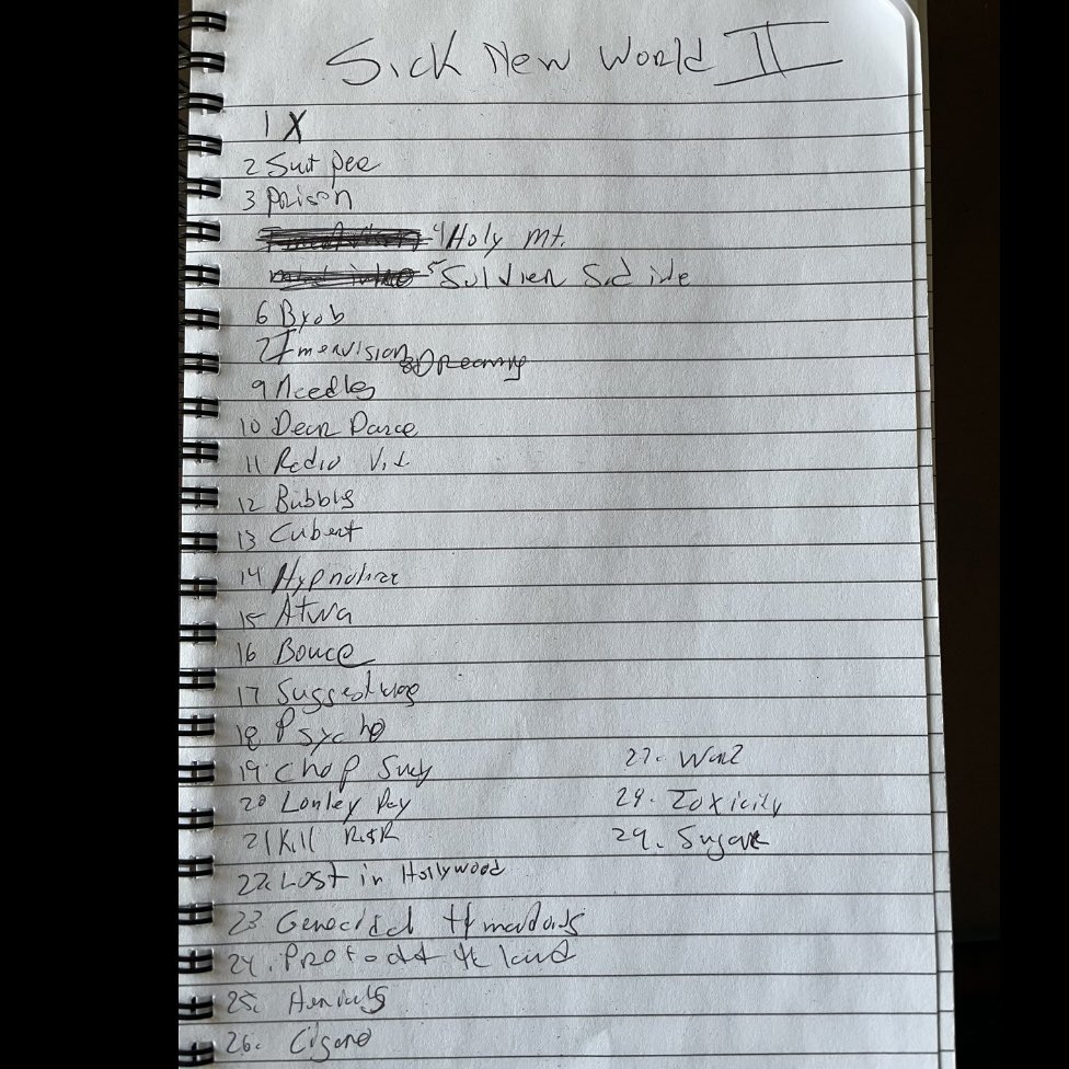 “Hey everybody, as some of you know I always hand write our setlists. Here’s another handwritten list I’m happy to share from the Sick New World 2 show. We had to make some adjustments last minute, so we scratched Protect the Land and Cigaro for time and curfew reasons.” –…