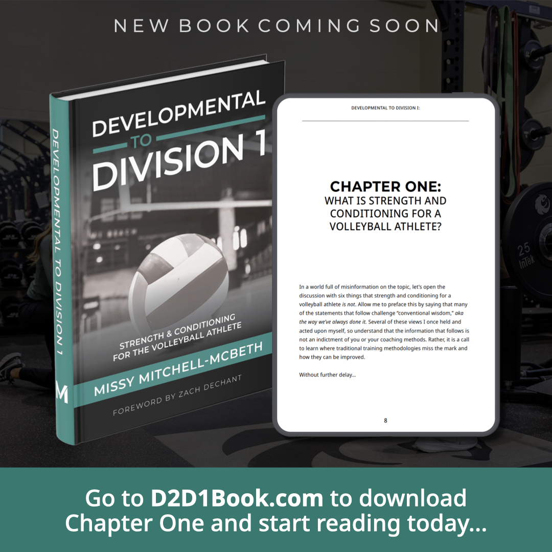 😱 It's almost here! I’m thrilled to announce my upcoming book, 'Developmental To Division 1: Strength & Conditioning for the Volleyball Athlete'! Before the launch, get an EXCLUSIVE first look at the preface & chapter one. 👀 👉 Check it out at D2D1Book.com