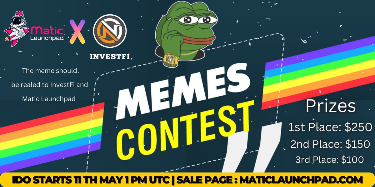 🐸MEME CONTEST For @InvestFi_0x 🏆 We are excited to announce meme contest has started. 👑Let the🃏MEME contest Begin!!💃 Lets enjoy creativity and the best meme Win ! Rewards🎁 1st $250 2nd $150 3rd $100 Make your MEME. Then Fill in the form: 👉forms.gle/8gtRkYyb181fE9…