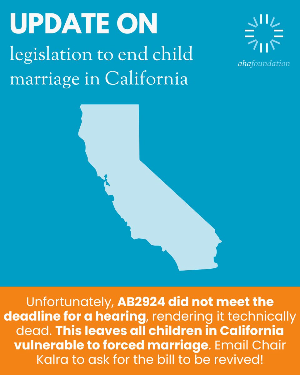 Our work to ban child marriage in CA has STALLED. We are disappointed that AB2924 did not get a hearing.

Good news: Chair Kalra can save the bill! Send an email to #EndChildMarriage in CA! 

actionnetwork.org/letters/c2ac95…