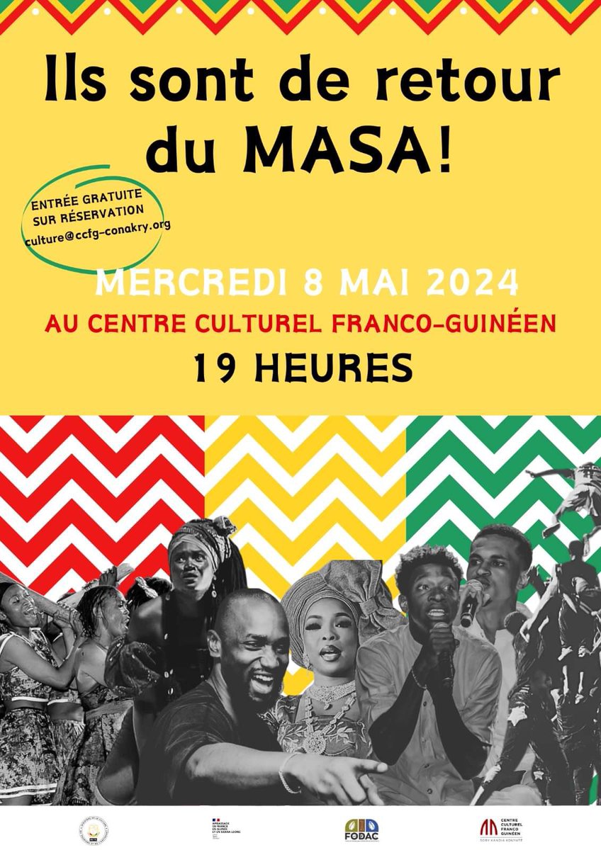 Rendez-vous demain mercredi au Centre Culturel Franco-Guinéen (CCFG) de Conakry à partir de 19 heures pour célébrer le talent et l'engagement de nos ambassadeurs artistiques. Venez nombreux partager ce moment magique où la culture guinéenne s'exprime dans toute sa splendeur !