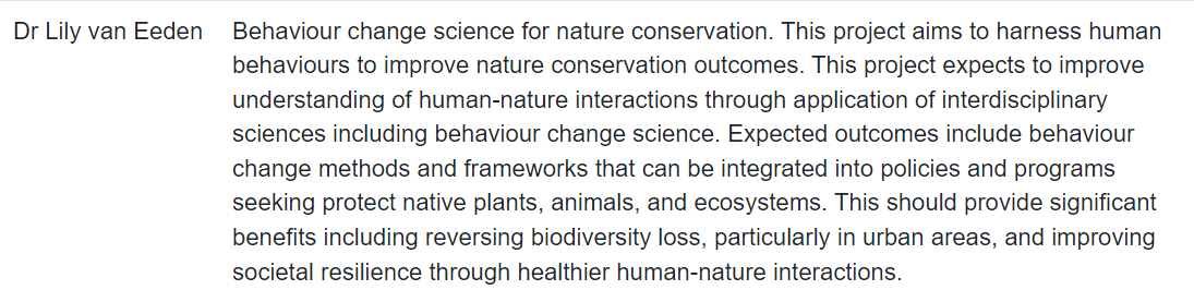 Feeling very lucky to be selected for an #IndustryFellowship! Can't wait to get started working with @DEECA_Vic and @RBG_Victoria exploring human behaviour and developing interventions to promote positive human-nature interactions, protecting people and biodiversity.