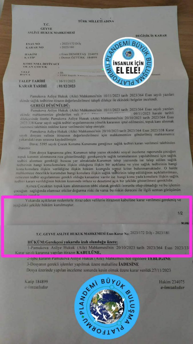İhbar hattımıza ulaşan aileye yazdığımız savunma ile topuk kanı vermediği için konulan Sağlık Tedbiri reddedildi. İtirazımız ise kabul edildi. Geyve Asliye Hukuk Mahkemesi itirazımızı kabul ederken İl Sağlık Müdürlüğü’nün talebine ise; SOMUT KRİTER BULUNAMAMIŞTIR" dedi. İşte bu!