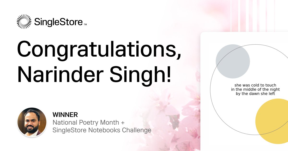 Last week we announced our #NationalPoetryMonth + #SingleStore Notebooks Challenge winner! 🏆 

Congrats to @nsinghphd! 🔥 👏  His #haiku and ASCII art was pretty epic and all built on Notebooks. Check out our blog for all the details: bit.ly/4aZAEe5 

#devs #database