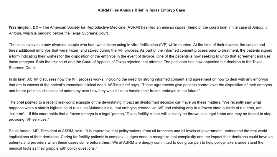 Huh, just received a notice from @ASRM_org that there is a case pending before the Texas Supreme Court, involving two former spouses who went through IVF and have embryos stored in Dallas that *could* have a major impact on IVF here depending on a ruling