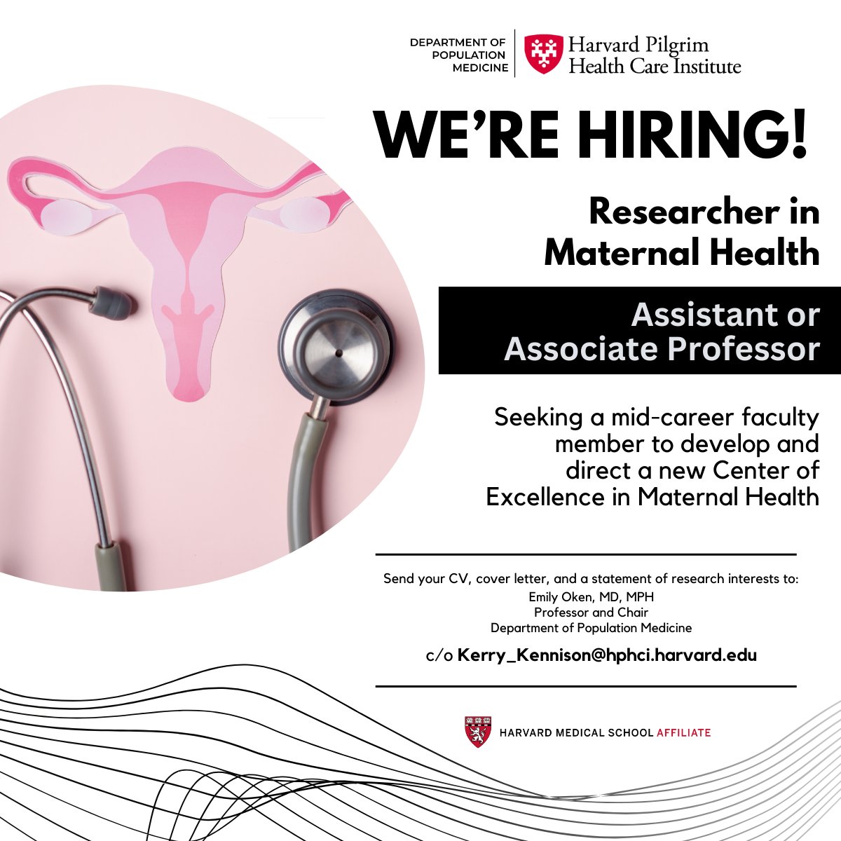 #NowHiring: <a href="/DeptPopMed/">Department of Population Medicine</a> is looking for a mid-career faculty member to develop &amp; direct a new Center of Excellence in #MaternalHealth.

➡️For more info &amp; how to apply: buff.ly/4dyet00

➡️ About the Harvard Pilgrim Health Care Institute: buff.ly/4buh0Xc