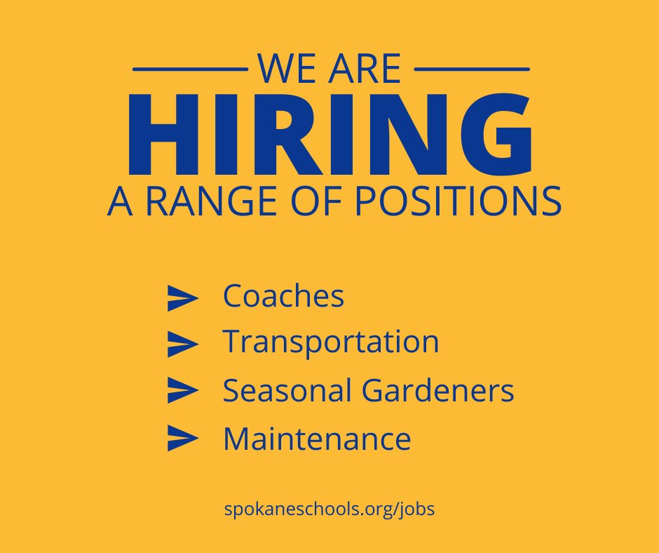 As the summer season approaches, we have several job opportunities for coaches and seasonal gardeners, as well as longer-term positions with SPS maintenance and transportation teams. Join us! spokaneschools.org/jobs #Spokane #SpokaneSchools