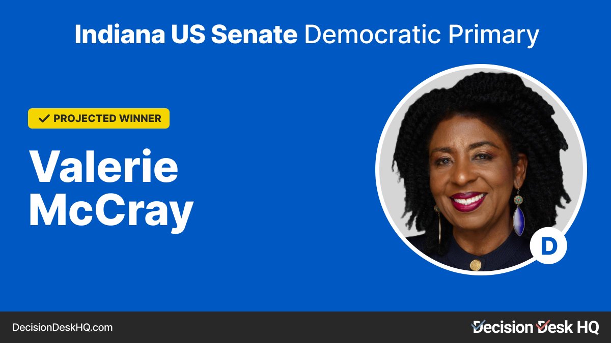 Decision Desk HQ projects Valerie McCray wins the Democratic primary for Indiana's United States senate election. #DecisionMade: 7:00pm ET
