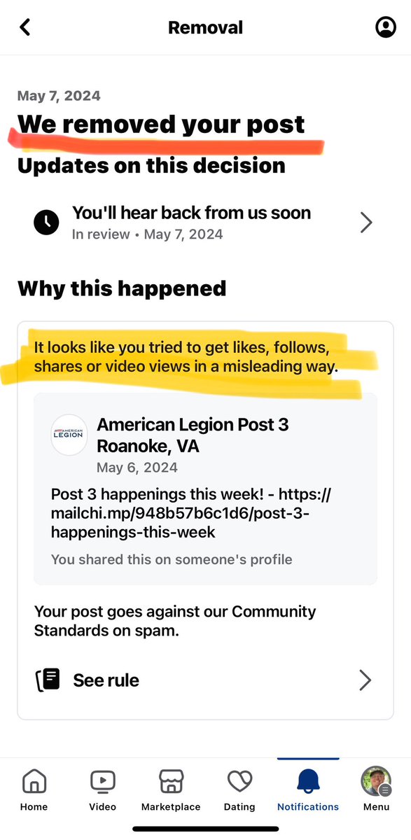 @AmericanLegion can we get assistance from you to help stop @facebook from deleting our @Mailchimp emails?  This is one of the ways are members know what is going on at the Post.  Facebook claims it violates their “Community Standards on Spam”.  #BeTheOne