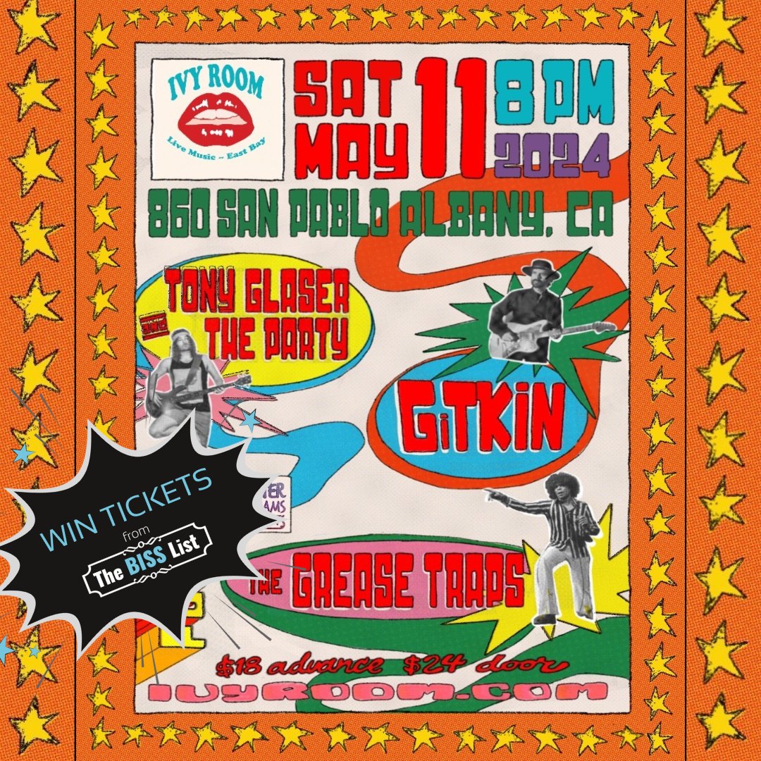 A night of feel-good funk grooves at the Ivy Room featuring Gitkin (Brian J. from Pimps of Joytime), Tony Glaser and The Party, and The Grease Traps! Enter to #WINTICKETS at bisslist.com/biss_event/git….

#bisslist #win #giveaway #gitkin #tonyglaser #thegreasetraps #ivyroom #eastbay