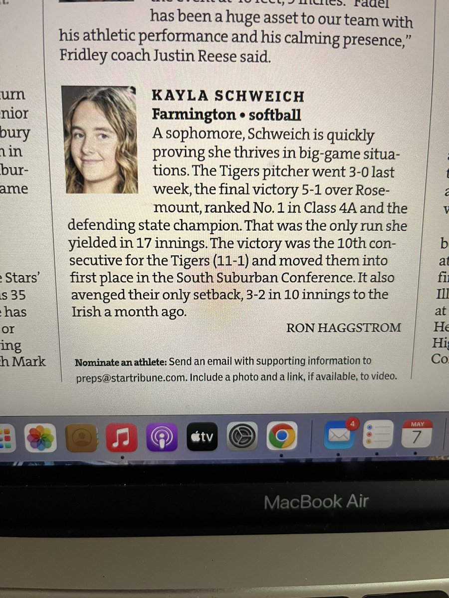Congrats to @farmingtontigersb Sophomore Kayla Schweich on being recognized as a Star and Tribune Athlete of the Week!! #weare192 @tigerfarmington