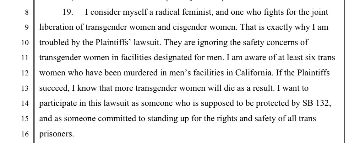 This incarcerated individual is a paid peer support specialist AND a radical feminist. You can read their full declaration in the Chandler vs. CDCR lawsuit (the one that the ACLU is representing them in) along with the rest of the intervenor’s declarations on the @WomensLibFront