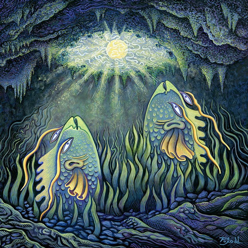 poxodd's tweet image. Recent casein painting I did featuring a couple of fish contemplating an opening in the overgrowth of a pond as the sun shines through.