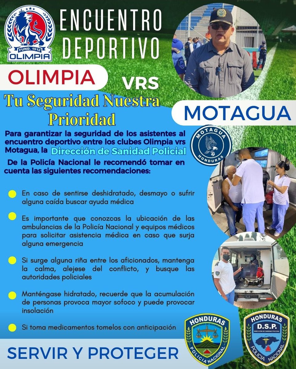 Previo al encuentro deportivo de los clubes de la liga nacional, @CDOlimpia y @MOTAGUAcom la @DSP_HN le invita a tomar las medidas de prevención necesarias ante la aglomeración de personas y los cambios de temperatura que pueden afectar su salud @hegusave @Canal8_hn @GobiernoHN