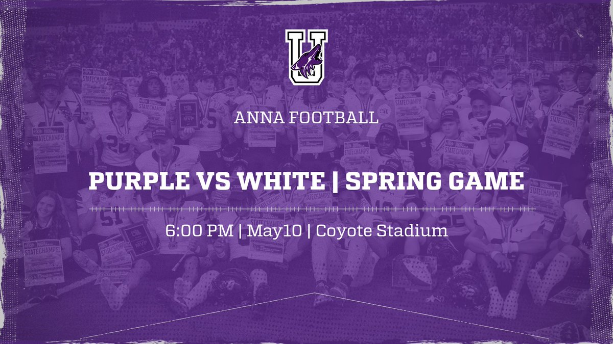 This Friday at Coyote Stadium we will have our Spring Football game in coordination with our Walk of Champions. Details below. White vs Purple Spring Game 📅 May 10 🏆 Walk of Champions @ 5:15 pm 🏈Kick-off @ 6:00 pm 📍 Coyote Stadium #CU