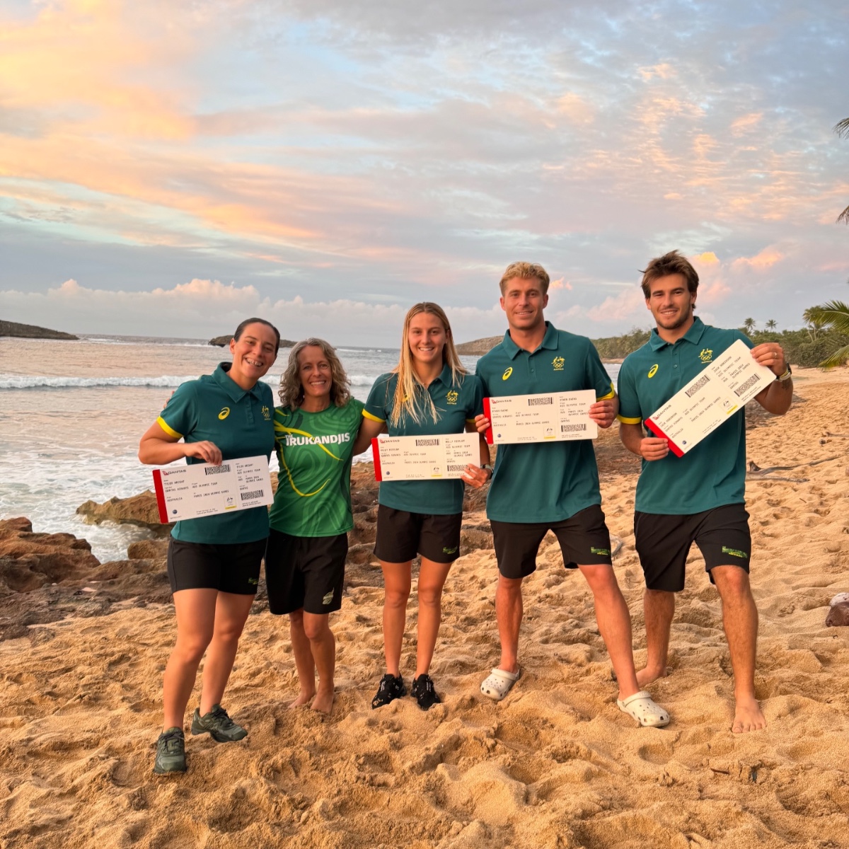 Surf's up! 🏄 Tyler, Molly, Jack and Ethan will be on the French Polynesian island of Tahiti for the Olympic competition, more than 15,000km away from Paris! #AllezAUS | #TheIrukandjis | @SurfingAus | @Qantas