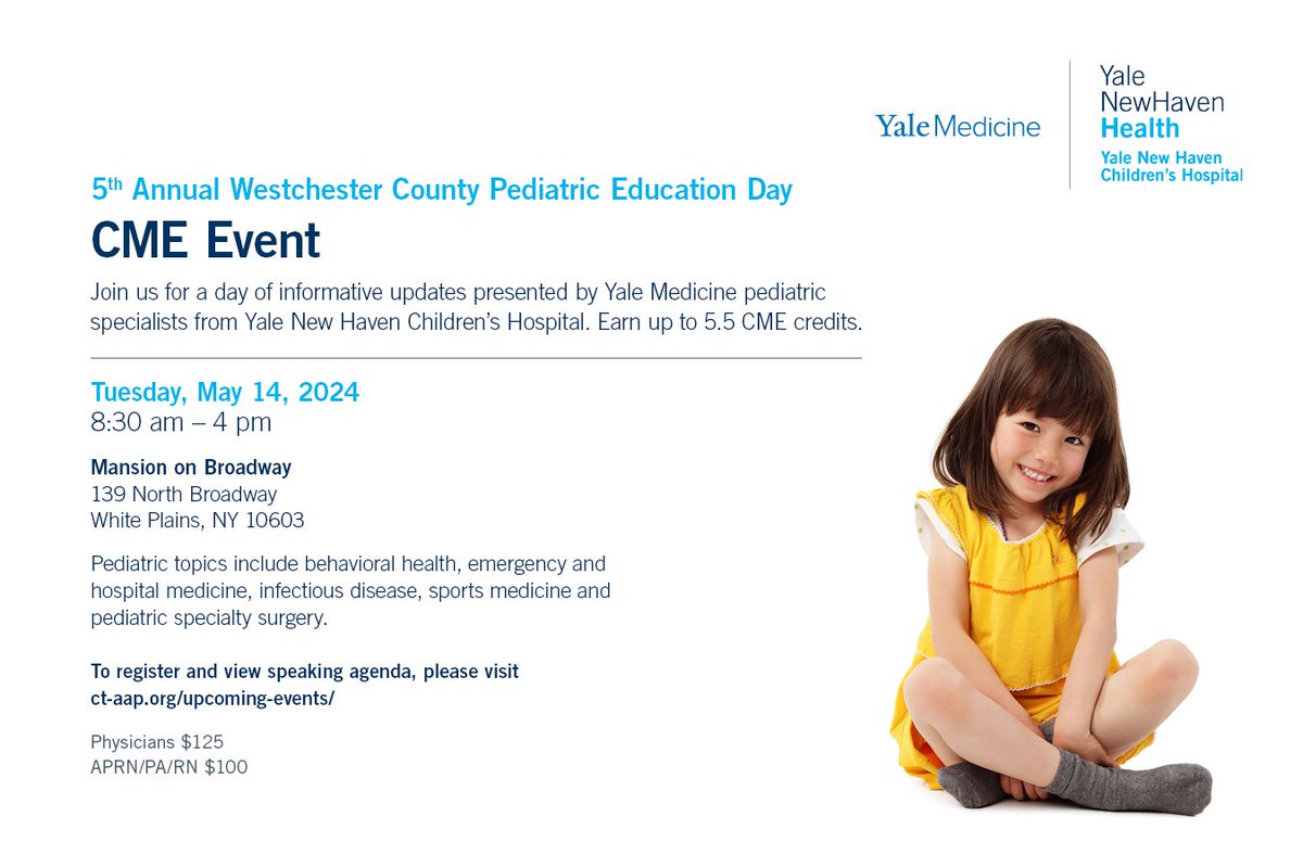 Join @YaleMedicine specialists from YNHCH for the 5th Annual Westchester Pediatric Education Day. The event features pediatric topics in behavioral health, emergency & hospital medicine, infectious disease, sports medicine & pediatric specialty surgery: ct-aap.org/event/5th-annu….