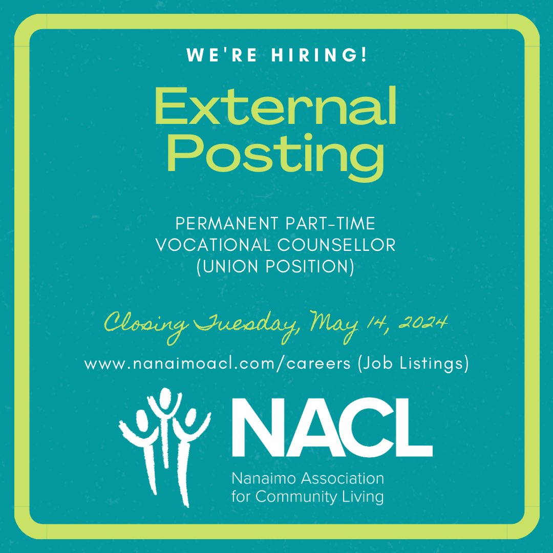 🚨POSTING ALERT🚨 Want to support the employment goals of people with diversabilities? We’re seeking a permanent part-time Vocational Counsellor for our #EmploymentServices team! Find all the details and application form at nanaimoacl.com/careers! 😍👍 #NACLCareers #WorkWithUs