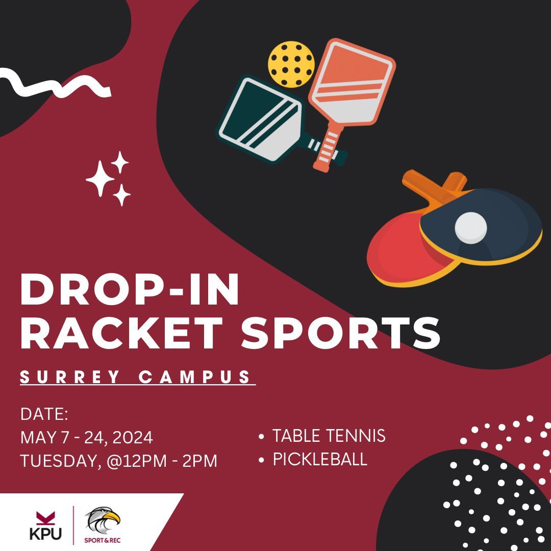 Description:
🏓 Join us for Drop-in Racket Sports every Tuesday from May 7 to May 28 at Surrey Gymnasium between 12:00pm to 2:00pm. See you there!! 🏓