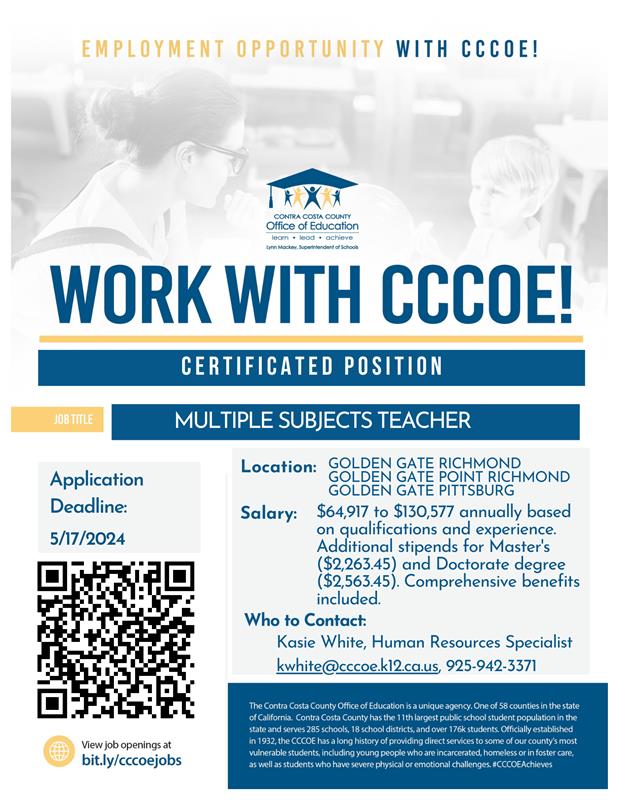 📣 Exciting opportunity at CCCOE! 📣 We're hiring Multiple Subjects Teachers! Application deadline: May 17th. 💰 Salary Range: $64,917 - $130,577 Annually Apply now and join our team: edjoin.org/cccoe. #CCCOE #NowHiring #TeacherJobs