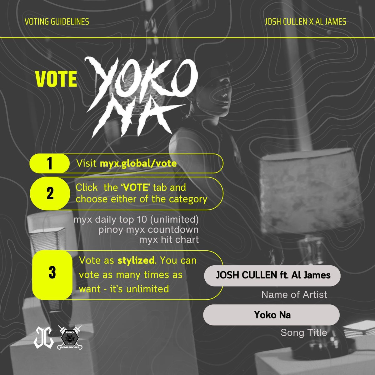 Cast your vote for #YOKONA by #JOSHCULLENxALJAMES on MYX! See links below:

DAILY TOP 10
buff.ly/3U5KpBc

HIT CHART
buff.ly/3UeAZSI 

PINOY COUNTDOWN
buff.ly/3U9hLzm

Name of Artist: JOSH CULLEN ft. Al James
Title of Song: Yoko Na
(Vote as stylized)