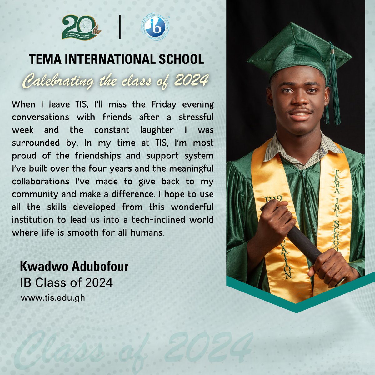 Celebrating the Class of 2024!!!

Congratulations Kwadwo Adubofour. 🥳🎓👩‍🎓🍾

#ibworldschool #tisalumni #tisexperience @ibalumni @iborganization #thecreatives #Graduation2024  #ibclassof2024 #tisat20