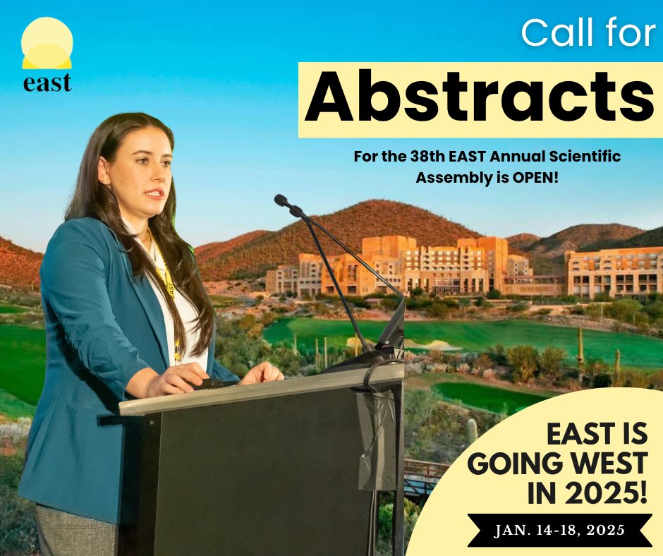 The Call for Abstracts for the 38th EAST Annual Scientific Assembly is open! EAST supports research in Trauma, EGS, Burn Surgery, and SCC. Submit your Abstracts by July 1st! bit.ly/3nJnYnL #EAST2025 #TraumaSurgery #BurnSurgery #EGS #SurgicalCriticalCare #soMe4trauma