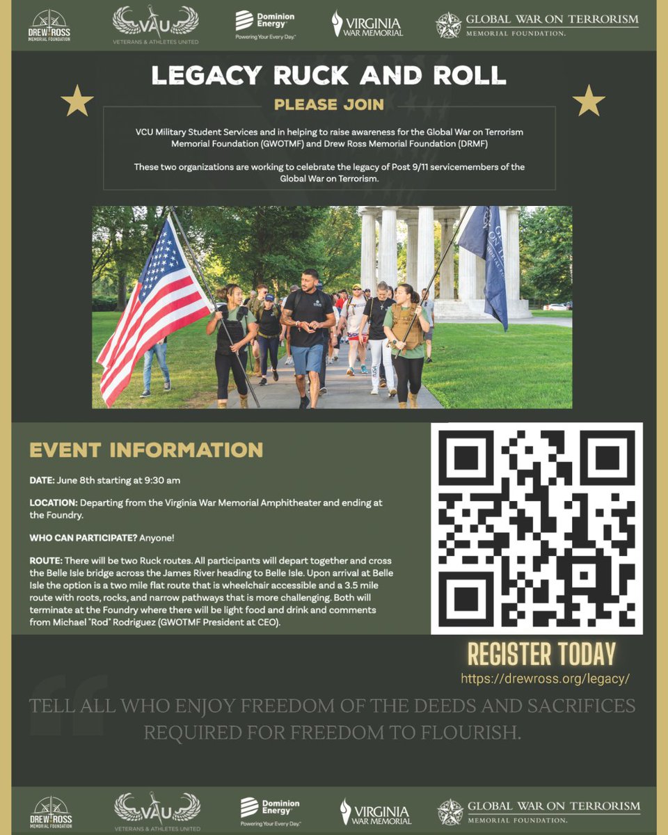 The Legacy Ruck and Roll is open to all! Departing from the Virginia War Memorial at 9:30 a.m. June 8. Scan the QR code or visit drewross.org/legacy/