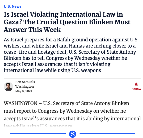 GeminaTeed's tweet photo. Antony Blinken has to tell Congress whether he accepts Israel's assurances that it isn't violating international law while using US weapons.
Sure. It's like asking Ted Bundy to investigate himself 🤡
#IsraelWarCrimes #PartnersInGenocide https://t.co/CKCDS2brZo