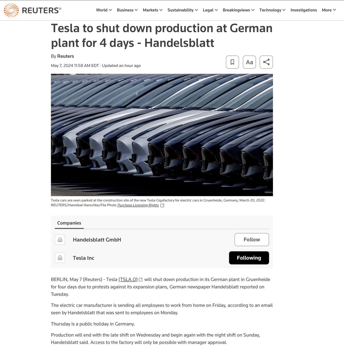 The article and the Headline from Reuters and the Handelsblatt about 🇩🇪 Giga Berlin are Misleading and Wrong.

Thursday is a public holiday in Germany (Fatherday) on which no work is done anywhere and because Friday is a so-called bridge day, Tesla, like almost all other