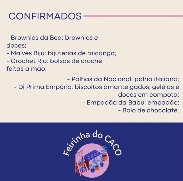 CACOFND's tweet image. FEIRINHA DO CACO || 24.1

O CACO vem divulgar os participantes dessa próxima edição da Feirinha do CACO, que será realizada nos dias 09 e 10 de maio.

Esperamos vocês lá!