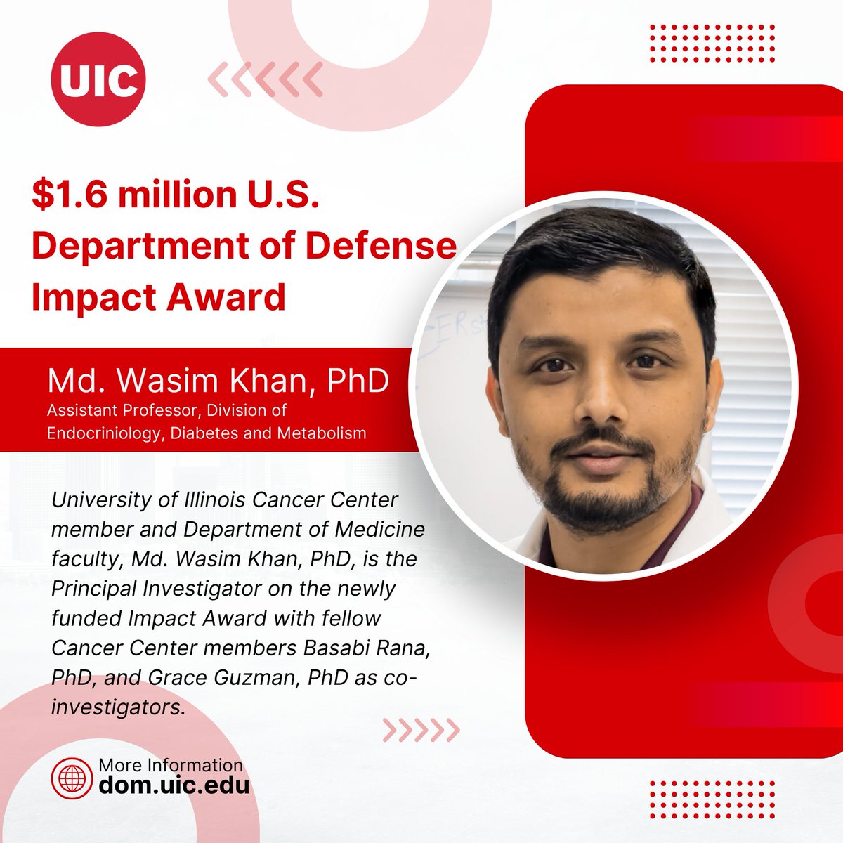 UIC awarded $1.6M DOD Impact Award Focused on Liver Disease and Cancer. Md. Wasim Khan, PhD, is the principal investigator on the newly funded award. Congratulations! @WasimKhan_UIC @Diabetes_UIC @thisisUIC @UIC_OVCR @DeptofDefense