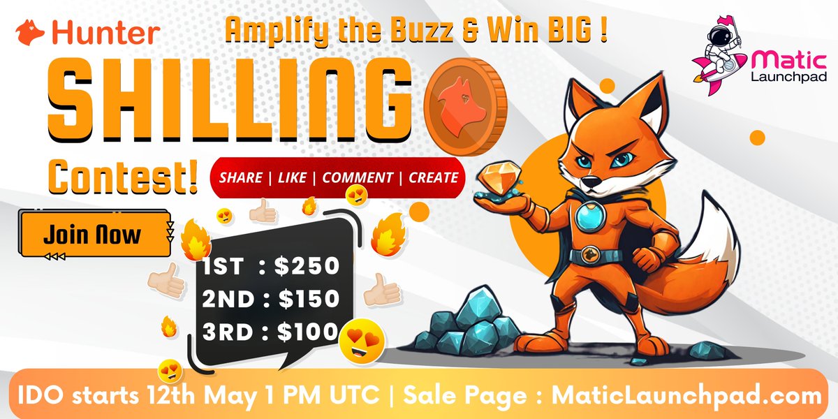🚀@HunterAI_Bot Shilling Contest Has Begun! 🎉 It's time to show your support and win big! 🌟 How to Participate: Share posts, news, or updates with your friends and communities. Fill this form - forms.gle/Rj1H6iX9683YZk… 🏆 Prizes: 1st Place: $250 2nd Place: $150 3rd Place: $100