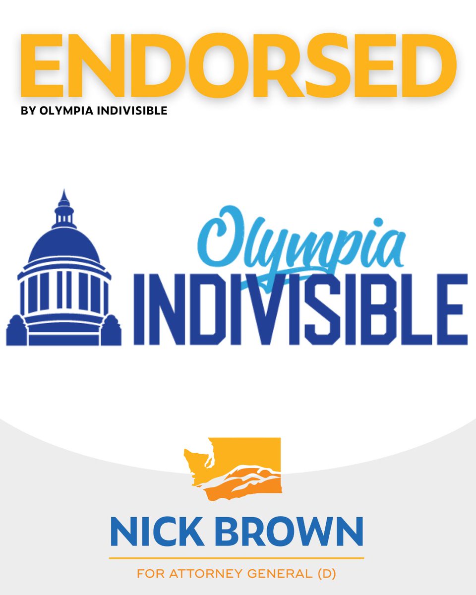 Honored to receive the endorsement of @Olyindivisible! Their commitment to grassroots activism and social justice is inspiring. Together, we'll fight for justice and defending our democratic institutions for all Washingtonians. Thank you for your support! #NickBrownForAG