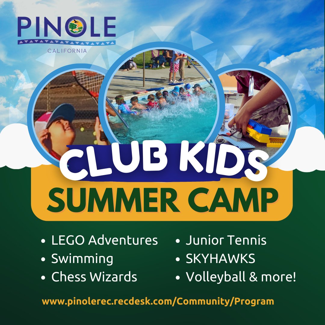 New summer camp programs have been added due to popular demand! Sign up your kids while there are spaces still available.
pinolerec.recdesk.com/Community/Prog… 

#summer2024 #summercamp #kidsactivities #cityofpinole #parksandrec #pinolekids
