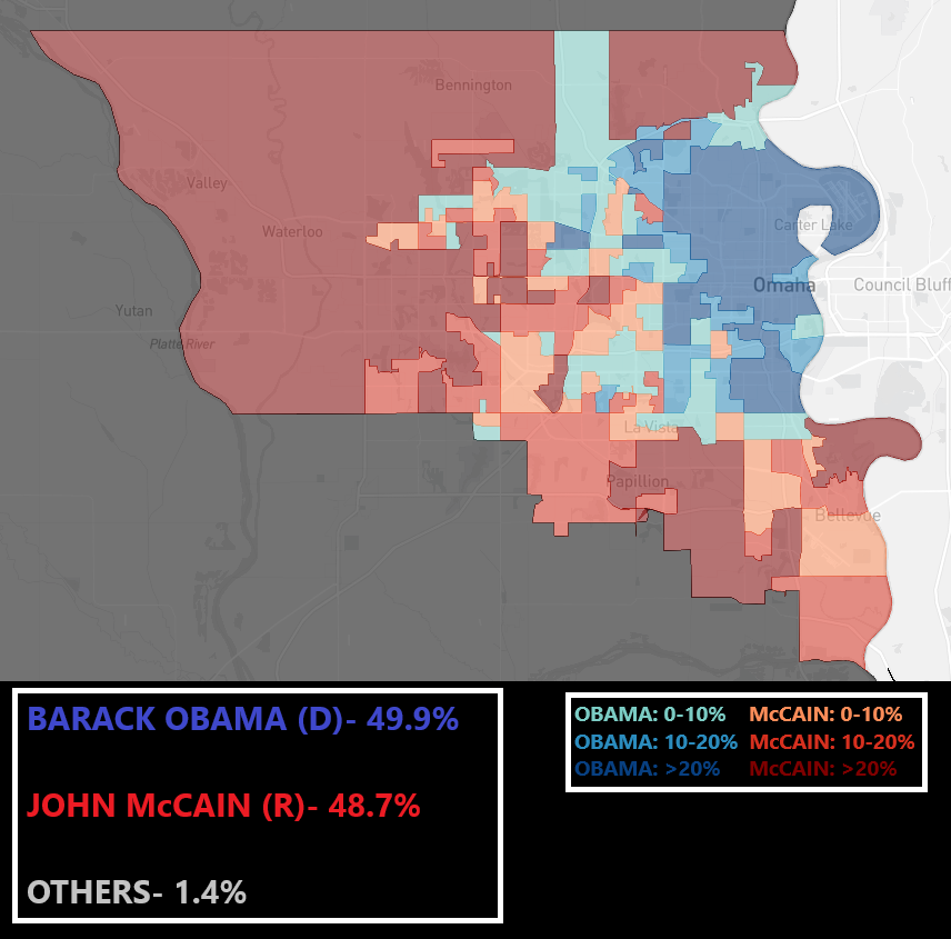Back in 2008, Barack Obama became the first Democrat since LBJ to win an electoral vote in Nebraska by winning #NE02. Obama won this Omaha-based district by just over one point, owing big to a huge win out of central Omaha