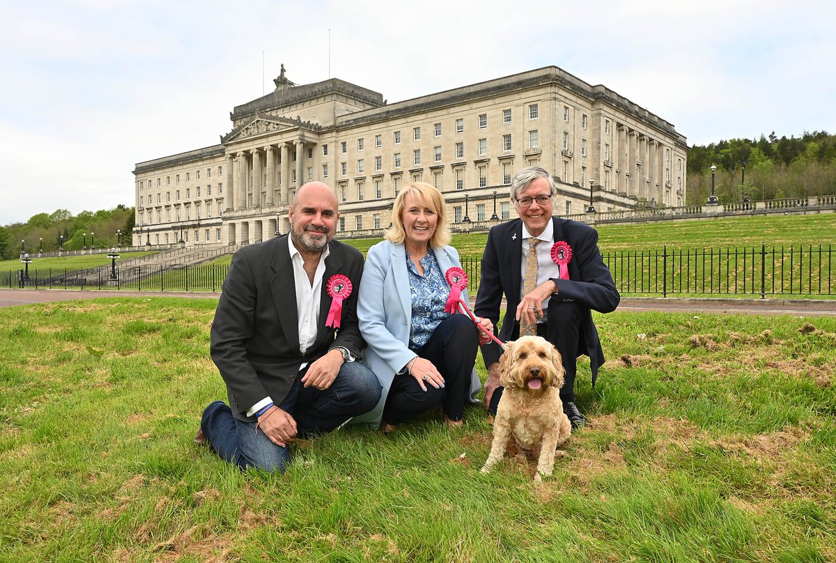 Dr Marc Abraham, OBE seen with Tara Cunningham, Causeway Coast Dog Rescue and Brian Grzymek CC Dog Rescue outside Stormont as we spent the day discussing Lucy's Law and aligning N.Ireland with rest of UK, driving forward #animalwelfarereform 🐾 Marc the Vet