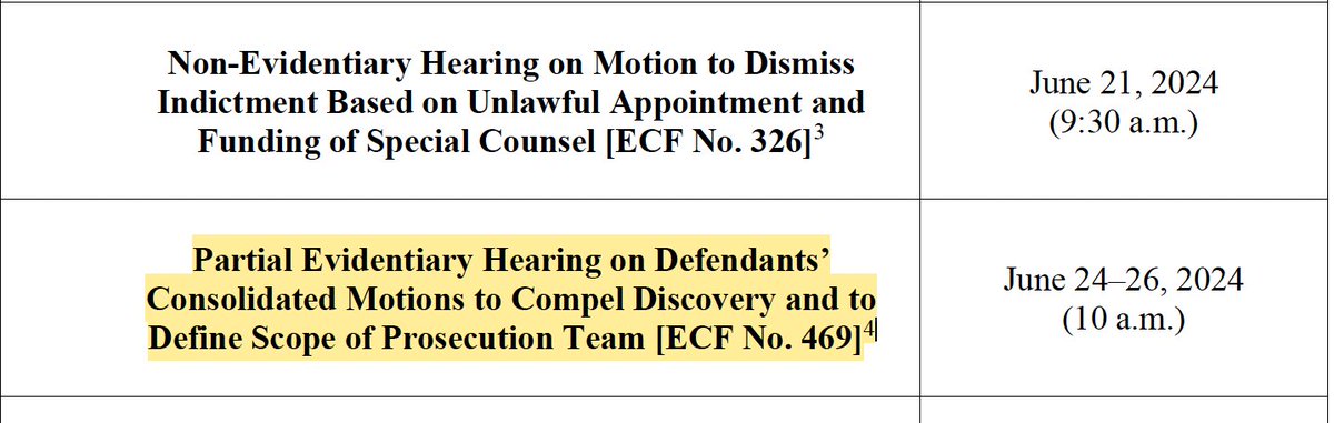 Judge Cannon seems on track to grant hearings on every motion Trump & codefs have filed. As @secretsandlaws notes, most stunning is this 3-day hearing on whether to widen discovery by redefining 'prosecution team' to include people in White House, NARA, intelligence community etc