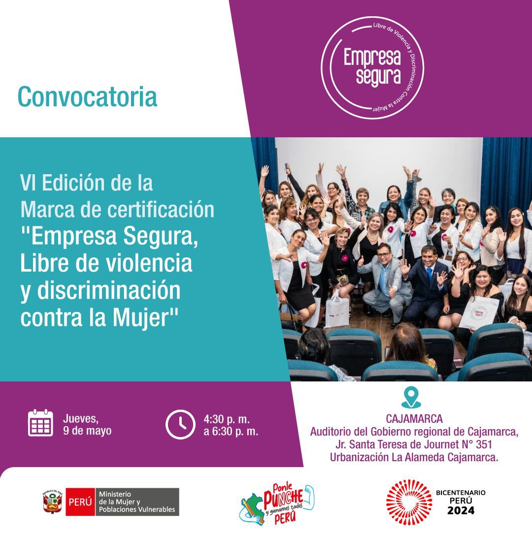 #Cajamarca | ¿Deseas conocer más sobre la Marca de Certificación 'Empresa Segura, Libre de Violencia y Discriminación contra la Mujer? ¡Regístrate para participar de la charla informativa en Cajamarca! Haz clic aquí ➡ forms.gle/qJ9bSe6tYzDfM4…