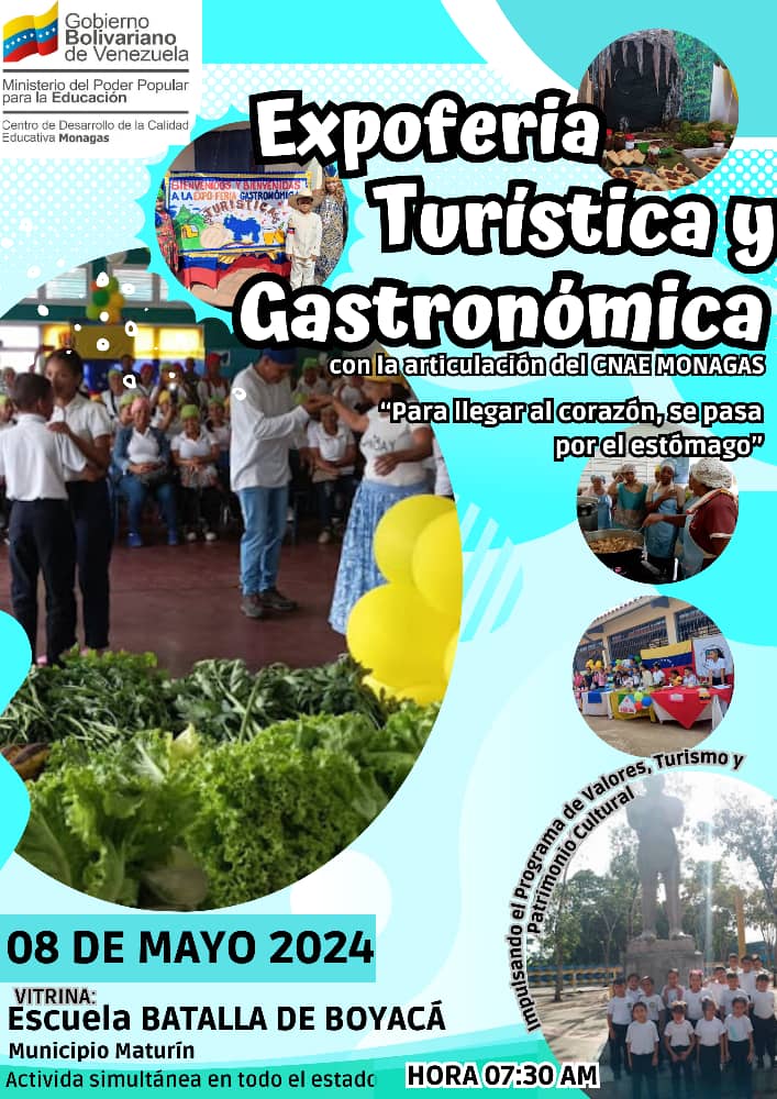 #8May <a href="/NicolasMaduro/">Nicolás Maduro</a> <a href="/_LaAvanzadora/">Yelitze Santaella</a> @MPPEDUCACION <a href="/dgcpatrimonio/">dgcpatrimonio/turismo</a> La Brigada de Patrimonio Cultural y Turismo complace en invitarlos a la EXPOFERIA ESTADAL TURÍSTICA y GASTRONÓMICA <a href="/ActualZe/">CDCE ESTADAL MONAGAS</a> <a href="/estabacarolina1/">Carolina Estaba</a> <a href="/ogledar/">Richard Delgado</a> <a href="/cnaeoficial/">cnaeoficial</a>