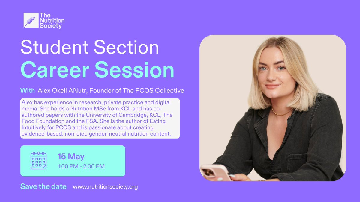 Career Session 👩‍🔬Join us on the 15th of May at 1pm-2pm for an exciting discussion with Alex Okell! Register here: nutritionsociety.org/career-session… #NSStudentSection