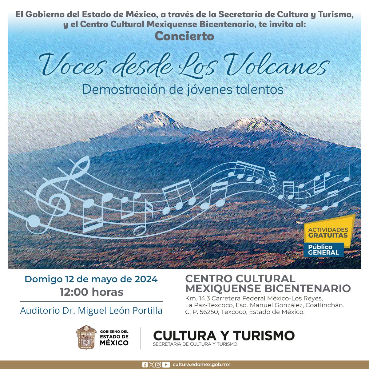 🗻🎼Este domingo 12 de mayo a las 12:00 horas llega al Auditorio Dr. Miguel León Portilla el concierto 'Voces de los Volcanes' donde niñas, niños y jóvenes del Oriente del Estado de México se reúnen para deleitarnos con su talento.

🎟️ Entrada libre